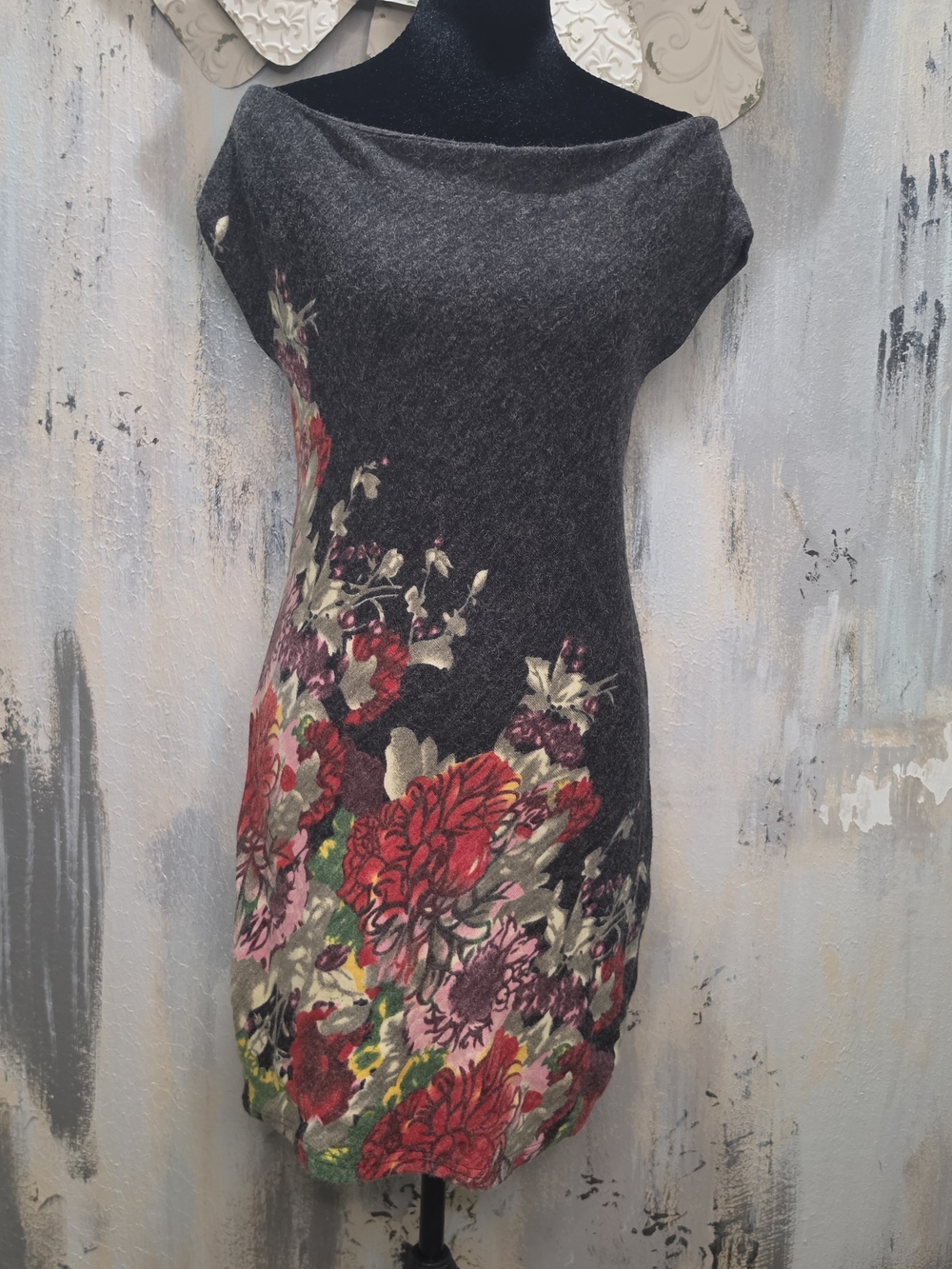 Piko 1988 Charcoal Mini Dress with Red & Pink Floral Accents